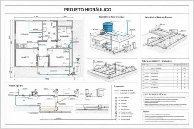 Planta baixa, instalações elétricas e hidráulicas